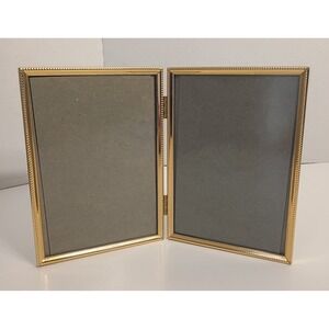Vintage Gold Double Hinged Metal Frame 5x7 Photo Display Ornate Mid-Century